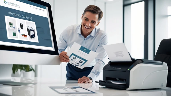 An illustration of a dealer printing a professional catalog directly from their standalone catalog application.