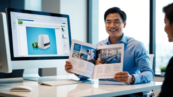 An illustration showing a single product being selected and instantly turned into a multi-page brochure.
