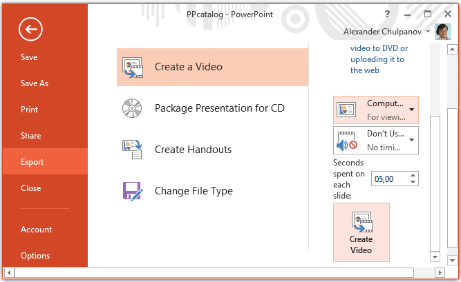 Saving catalog from PowerPoint to video file