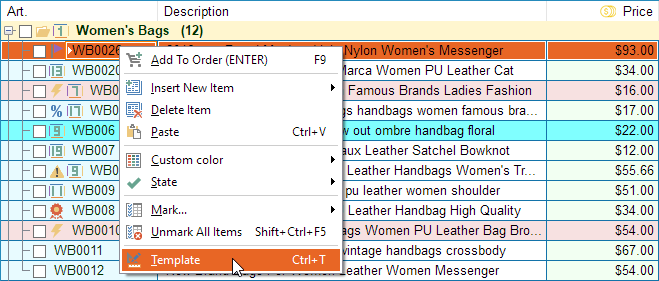 Select the template for product item