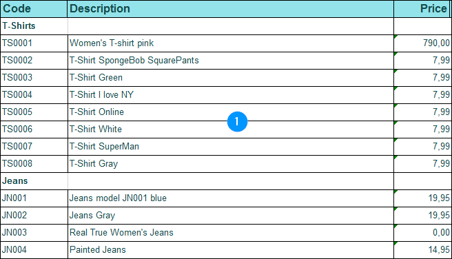 Price list Excel