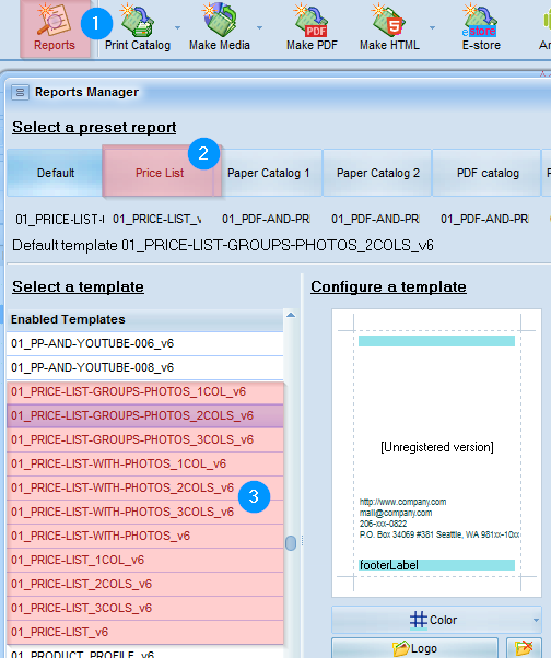 price list - select templates