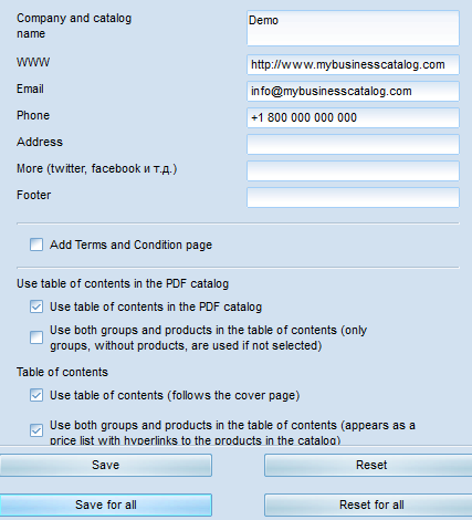 Template settings, bottom block