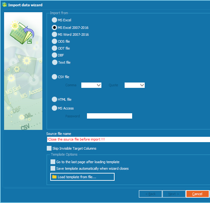 Select a file format to import 