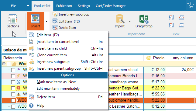 Edit product list panel