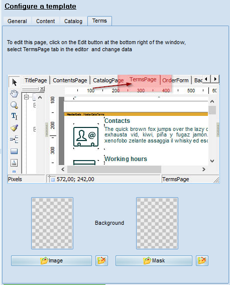 Configuration of terms and Conditions page in the product sheet template