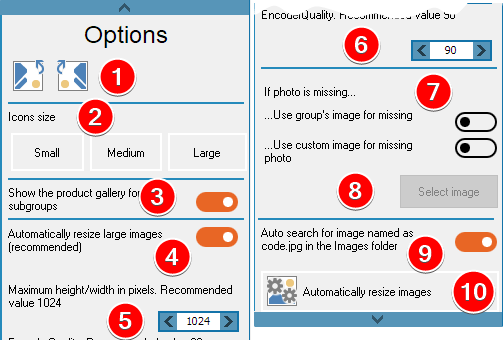 Description of the panel for additional settings of pictures of the catalog of goods