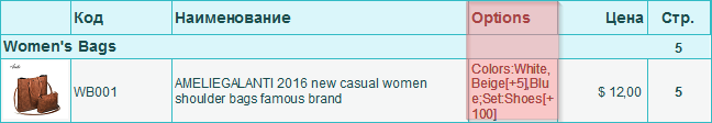 Вывод опций товара в отдельном столбце