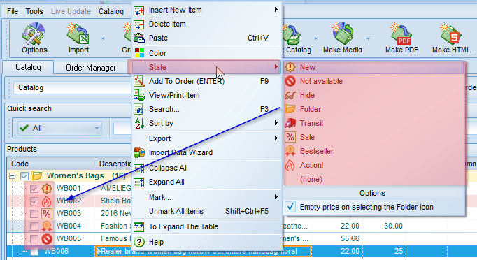 Set sates for product items in the catalog