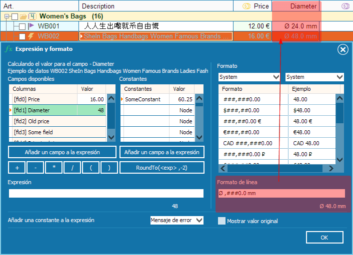 Apertura de la ventana de configuración de formato y fórmula