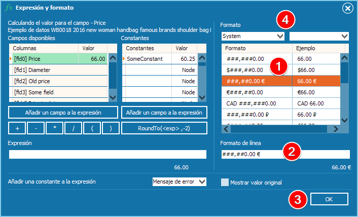 Selección de una moneda para el formato de precio